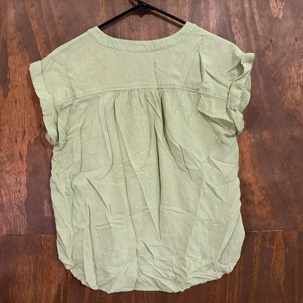 LOFT Womens Blouse Green Cap Sleeve Button Down V Neck Linen Blend XS